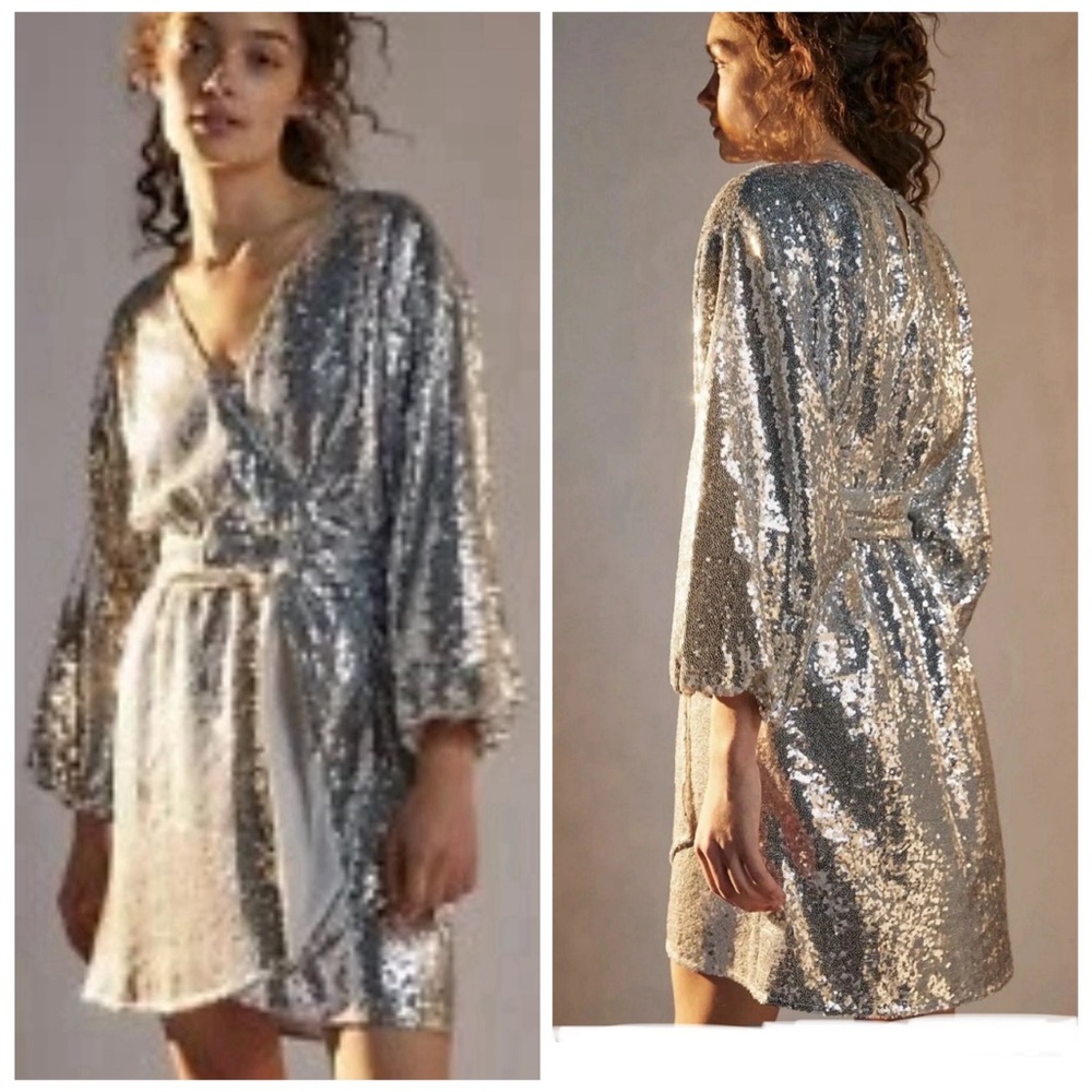 NWT ANTHROPOLOGIE Lisabette Silver Sequins Belt Long Sleeves Dress Size XS $178